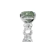 Cushion Cut Side Stone Engagement Ring Setting for a Fancy Green Lab-Grown Diamond | Scalloped Prong Accents | Platinum