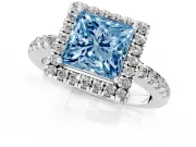 Fancy Blue Princess Cut Diamond Pavé Band Halo Engagement Ring Set in Silver with Prong Setting