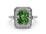 Fancy Green Radiant Cut Diamond Halo Ring Set in Silver with Accent-Lined Split Shank and Prong Setting