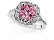 Fancy Pink Cushion Cut Diamond Halo Engagement Ring Set in White gold with Milgrain Pavé Band