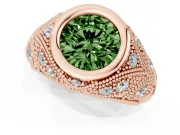 Fancy Green Round Cut Diamond Bezel Ring Set in Rose gold with Milgrain Accent Band