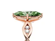 Fancy Green Marquise Cut Diamond Twist Band Solitaire Ring Set in Rose gold with Leaf Prong Setting and Accent Stones