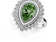 Fancy Green Pear Cut Diamond Halo Ring Set in White gold with Milgrain Edge and Round Prong Setting