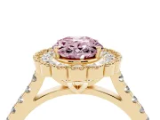 Fancy Pink Oval Cut Diamond Milgrain Floral Halo Engagement Ring Set in Yellow gold with Pavé Band