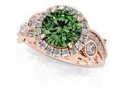 Fancy Green Round Cut Diamond Halo Ring Set in Rose gold with Milgrain Pavé Band and Prong Setting