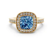 Fancy Blue Cushion Cut Diamond Halo Ring Set in Yellow gold with Pavé Band and Milgrain-Edged Prongs