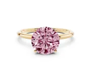 Fancy Pink Round Cut Diamond Solitaire Engagement Ring Set in Yellow gold with Thin Band and Prong Setting