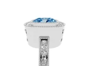 Fancy Blue Cushion Cut Diamond Halo Ring Set in Silver with Pavé Band and Milgrain-Edged Prongs