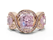 Radiant Cut Three Stone Halo Engagement Ring Setting for a Fancy Pink Lab-Grown Diamond | Pavé Wave Band | Rose Gold