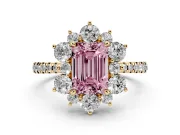 Fancy Pink Emerald Cut Diamond Floral Halo Ring Set in Yellow gold with Round Pavé Band and Prong Setting