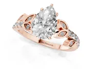 Pear Cut Diamond Solitaire Leaf-Inspired Ring Set in Rose gold with Pavé Band and Prong Setting