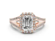 Emerald Cut Halo Engagement Ring Setting | V-Split Pavé Band | Rose Gold