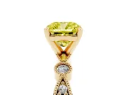 Fancy Yellow Cushion Cut Diamond Solitaire Engagement Ring Set in Yellow gold with Milgrain Bezel Accent Band