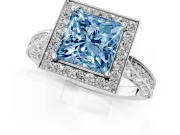 Princess Cut Milgrain Halo Engagement Ring Setting for a Fancy Blue Lab-Grown Diamond | Side Stones | Sterling Silver