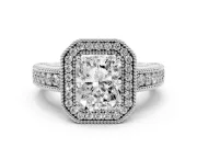 Radiant Cut Diamond Halo Ring Set in White gold with Round Accent Halo, Pavé Band and Prong Setting
