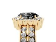 Fancy Black Oval Cut Diamond Scalloped Halo Ring Set in Yellow gold with Pavé Split Shank