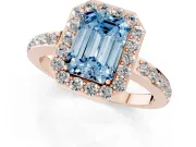 Fancy Blue Emerald Cut Diamond Halo Ring Set in Rose gold with Pavé-Setting Band and Open Prong Center