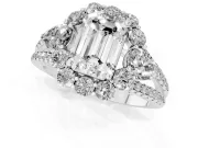 Emerald Cut Diamond Halo Split Shank Engagement Ring Set in Silver with Prong-Held Center Stone