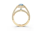 Fancy Blue Pear Cut Diamond Halo Pavé Split Shank Ring Set in Yellow gold with Prong Setting