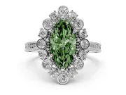 Fancy Green Marquise Cut Diamond Halo Milgrain Pavé Ring Set in White gold with Prong Setting