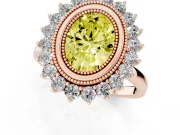 Fancy Yellow Oval Cut Diamond Halo Ring Set in Rose gold with Milgrain Edge and Round Prong Setting