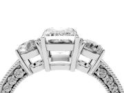 Emerald Cut Diamond Three-Stone Ring Set in Silver with Round Side Stones and Pavé Band