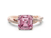 Fancy Pink Asscher Cut Diamond Solitaire Twisted Pavé Ring Set in Rose gold with Prong Setting