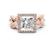 Princess Cut Floral Halo Engagement Ring Setting | Leaf Shoulders | Rose Gold