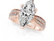 Marquise Cut Diamond Solitaire Ring Set in Rose gold with Milgrain Double Row Round Pavé Band