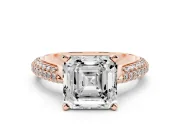 Asscher Cut Diamond Solitaire Engagement Ring Set in Rose gold with Multi-Row Round Pavé Band and Prong Setting