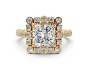 Princess Cut Diamond Halo Milgrain Pavé Ring Set in Yellow gold with Prong Setting