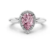Fancy Pink Pear Cut Diamond Halo Engagement Ring Set in White gold with Plain Split Shank and Prong Setting
