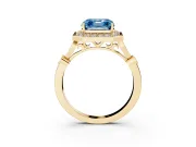 Asscher Cut Halo Engagement Ring Setting for a Fancy Blue Lab-Grown Diamond | Bezel Station Shoulders | Yellow Gold