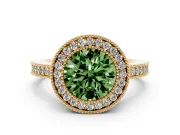 Fancy Green Round Cut Diamond Halo Engagement Ring Set in Yellow gold with Pavé Band and Round Halo Stones