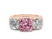 Fancy Pink Cushion Cut Diamond Three-Stone Ring Set in Rose gold with Textured Band