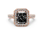 Radiant Cut Milgrain Halo Engagement Ring Setting for a Black Center | Side Stones | Rose Gold
