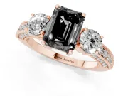 Fancy Black Emerald Cut Diamond Three-Stone Ring Set in Rose gold with Round Side Stones and Pavé Band