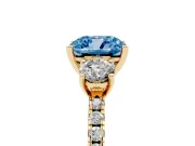 Cushion Cut Three Stone Engagement Ring Setting for a Fancy Blue Lab-Grown Diamond | Pave Shoulders | Yellow Gold