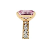 Fancy Pink Emerald Cut Diamond Solitaire Ring Set in Yellow gold with Slim Pavé Band and Prong Setting