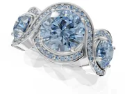 Round Three Stone Halo Engagement Ring Setting for a Fancy Blue Lab-Grown Diamond | Pavé Wave Band | Platinum