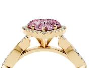 Fancy Pink Heart Cut Diamond Halo Twisted Band Ring Set in Yellow gold with Prong Setting