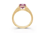 Fancy Pink Asscher Cut Diamond Split Shank Ring Set in Yellow gold with Pavé Band and Prong Setting