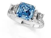 Asscher Cut Three Stone Engagement Ring Setting for a Fancy Blue Lab-Grown Diamond | Accented Shoulders | Platinum
