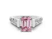 Fancy Pink Emerald Cut Diamond Classic Solitaire Ring Set in Platinum with Pavé Band and Prong Setting