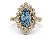 Fancy Blue Marquise Cut Diamond Halo Milgrain Pavé Ring Set in Yellow gold with Prong Setting