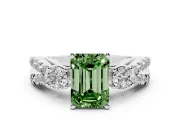 Fancy Green Emerald Cut Diamond Three-Stone Ring Set in White gold with Pavé Split Shank and Prong Setting