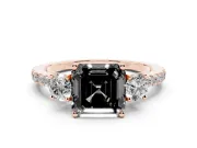 Asscher Cut Three Stone Engagement Ring Setting for a Black Center | Pavé Shoulders | Rose Gold