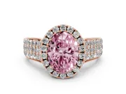 Fancy Pink Oval Cut Diamond Halo Ring Set in Rose gold with Pavé Band and Raised Center Setting
