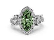 Fancy Green Marquise Cut Diamond Halo Ring Set in White gold with Milgrain Pavé Band and Prong Setting
