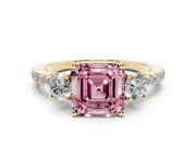 Asscher Cut Three Stone Engagement Ring Setting for a Fancy Pink Lab-Grown Diamond | Pave Shoulders | Yellow Gold